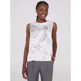 Sleeveless Floral Print Satin Top With Button Details