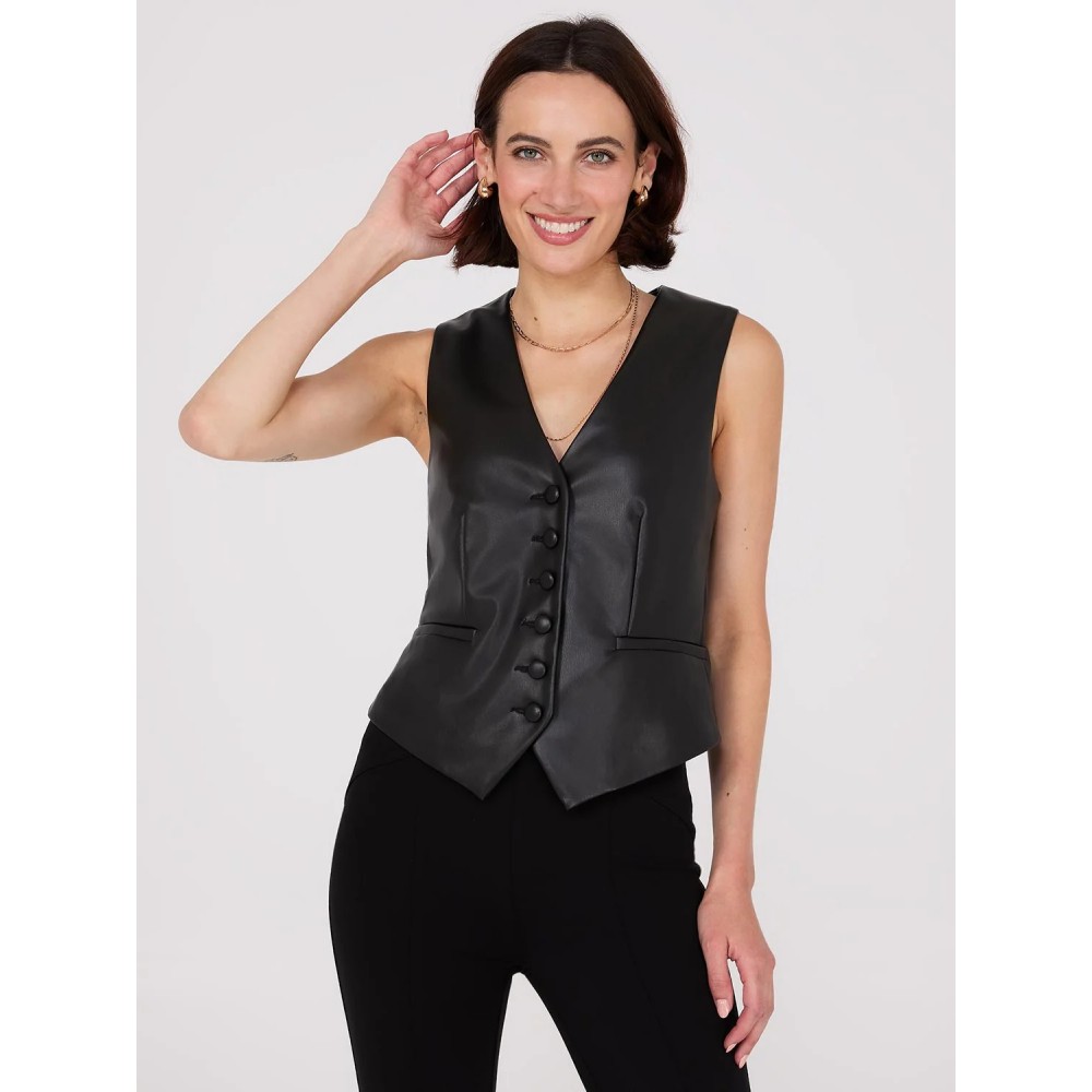 Faux Leather Button-Front Vest
