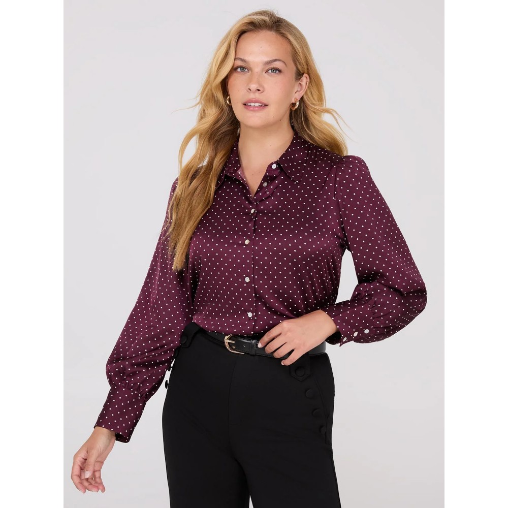 Dot Print Satin Volume Sleeve Button-Front Blouse