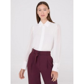 Chiffon Button-Front Volume Sleeve Blouse