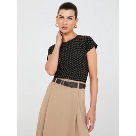 Print Short Raglan Sleeve Top With Side Pleats