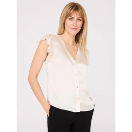 Crinkle Satin Ruffle Sleeve Button-Front Blouse