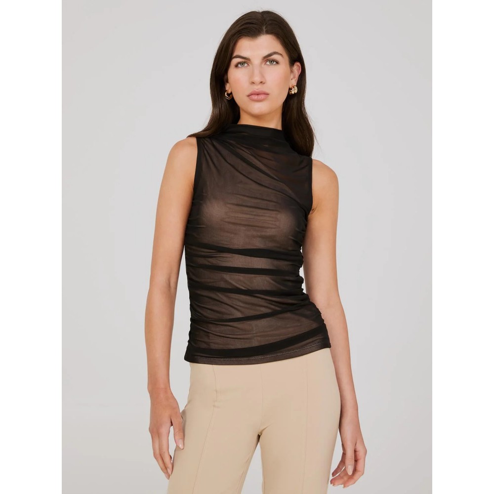 One-Shoulder Mock Neck Top With Mesh Overlay