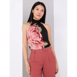 Floral Placement Mock Neck Halter Top