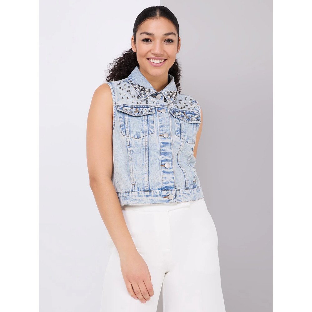 Denim Vest With Pearl Details