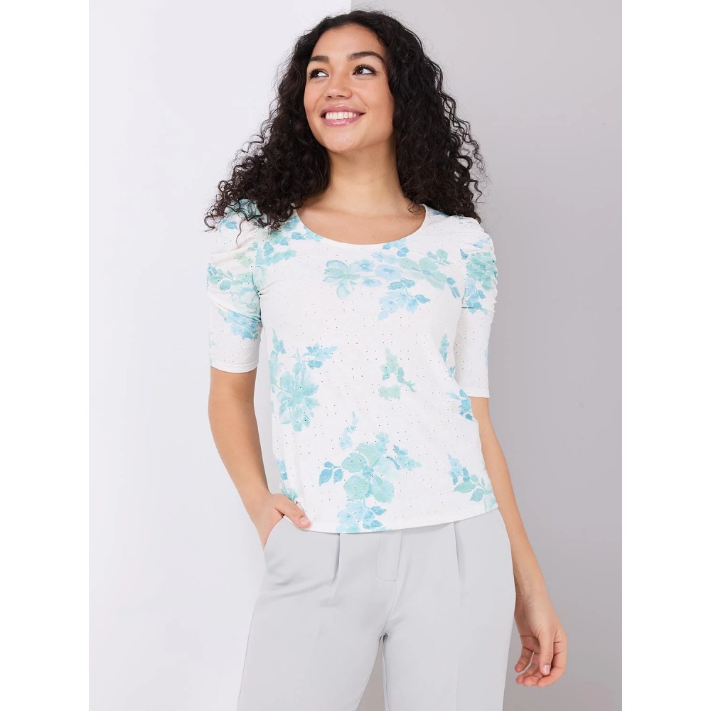 Floral Print Eyelet Top With Ruched Sleeves