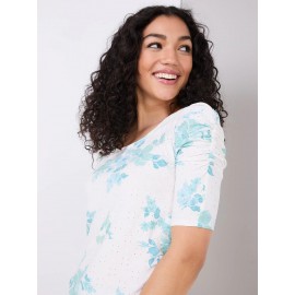 Floral Print Eyelet Top With Ruched Sleeves