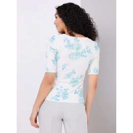 Floral Print Eyelet Top With Ruched Sleeves