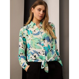 Printed Button-Front Blouse With Tie Front
