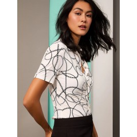 Chain Print Button-Front Short Sleeve Blouse
