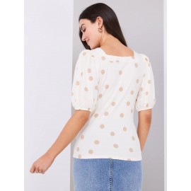 Dot Print Puff Sleeve Square Neck Top