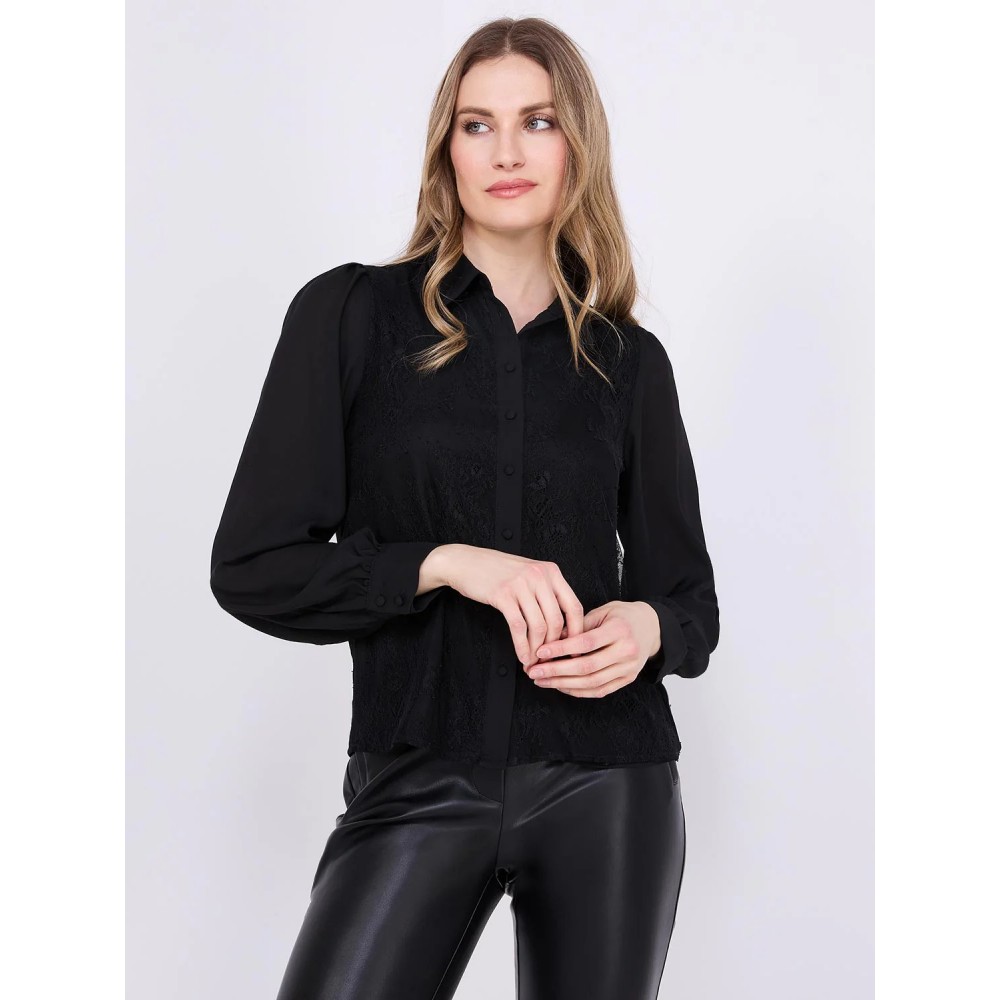 Chiffon Lace Button-Front Blouse
