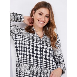 Houndstooth Satin Split Neck Button-Front Blouse