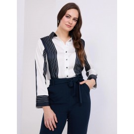 Colour Block Striped Satin Button-Front Blouse
