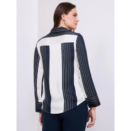 Colour Block Striped Satin Button-Front Blouse