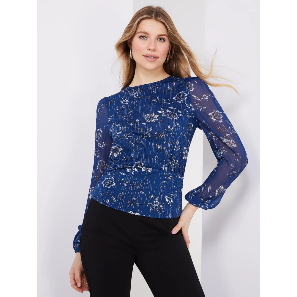 Floral Print Metallic Chiffon Top