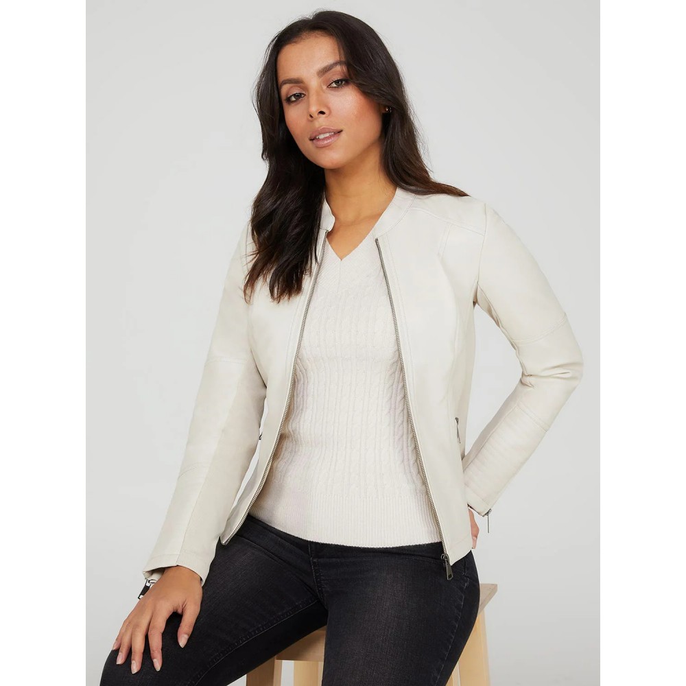 Collarless Faux Leather Jacket