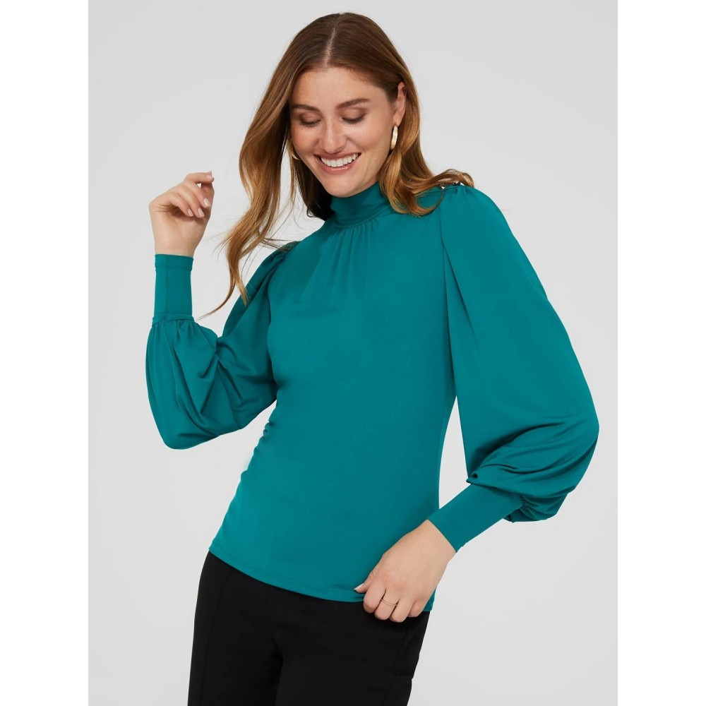 Balloon Sleeve Mock Neck Top With Detail