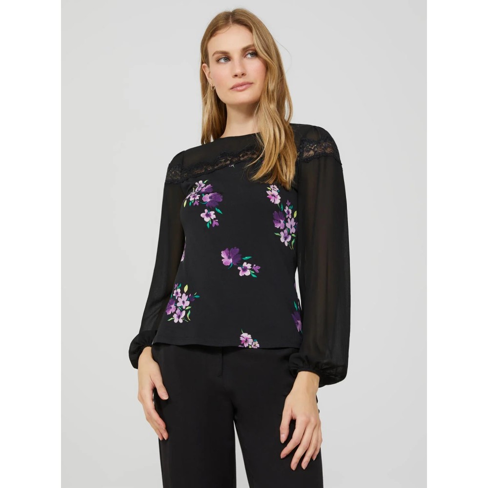 Long Balloon Sleeve Ditsy Floral Crew Neck Top