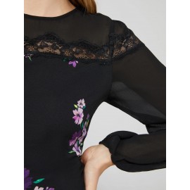 Long Balloon Sleeve Ditsy Floral Crew Neck Top