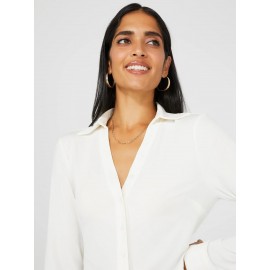 Split Neck Long Sleeve Button-Down Blouse