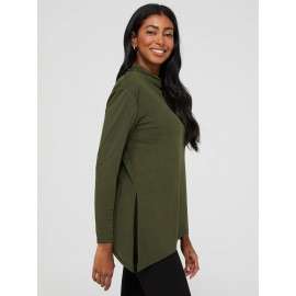 Funnel Neck Slinky Top With Asymmetrical Hem