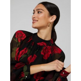 Floral Print Chiffon High Neck Blouse With Voluminous Sleeves
