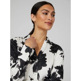 Printed Satin Split Neck Button-Front Blouse