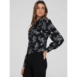 Printed Jewel Button Tie Neck Blouse