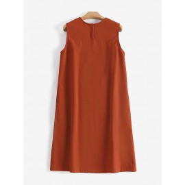 Women Solid Crew Neck Casual Sleeveless Dress With Pocket