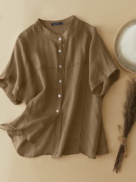 Women Solid Stand Collar Button Up Cotton Short Sleeve Shirt