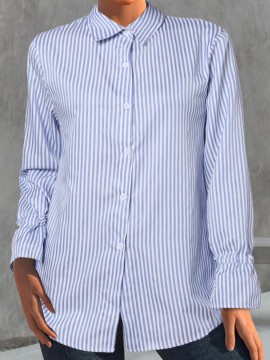 Women Striped Lapel Button Front Casual Long Sleeve Shirt